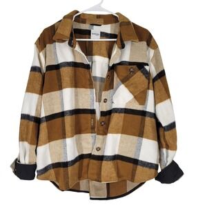 Kensie Jeans Plaid Flannel Shirt Jacket Oversized Brown Black Large Shacket